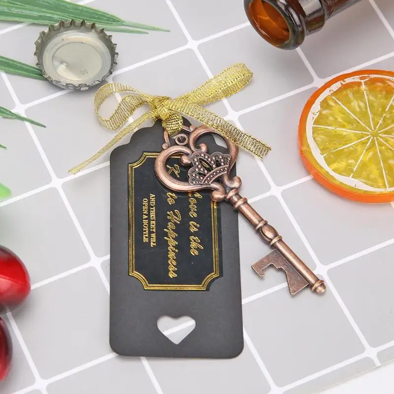 20pcs Retro Key Shaped Bottle Openers with Tags Ribbons Zinc Alloy Openers Pendent for Wedding Party Gift Decoration