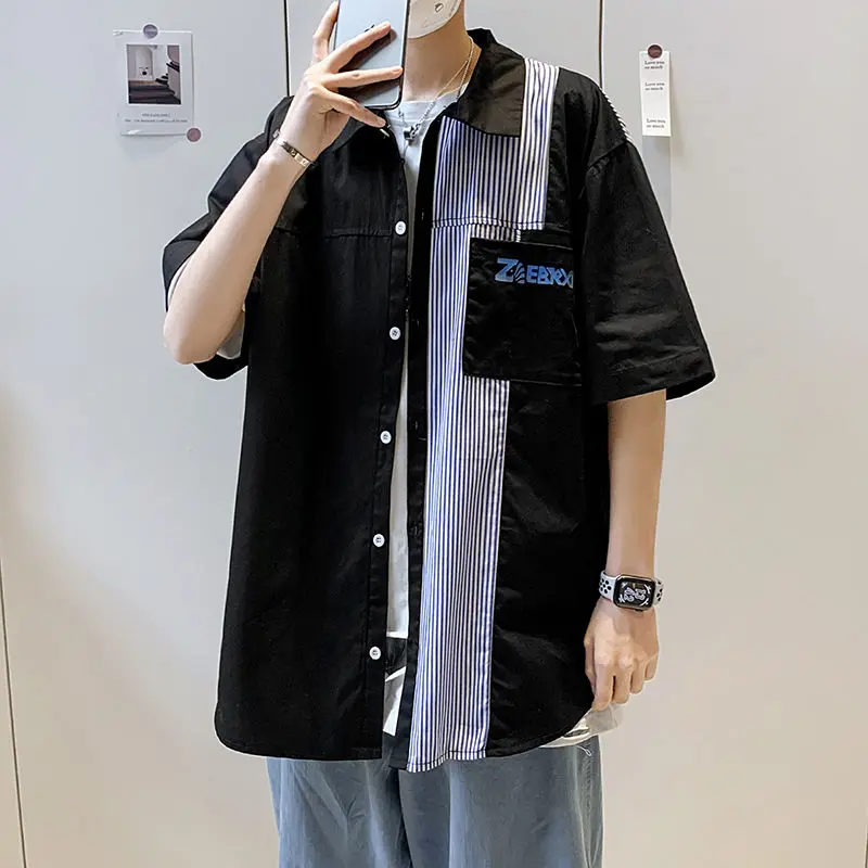 

Men's short-sleeved shirt 2020 spring and summer new loose casual color matching striped shirt young fashion men's clothing