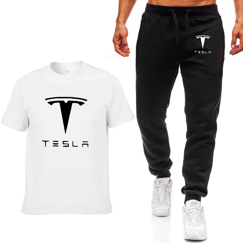 Модные летние мужские футболки Tesla с логотипом автомобиля, повседневная хлопковая футболка с коротким рукавом высокого качества, штаны, мужская одежда