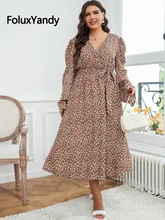 

FoluxYandy 2022 Beach Chiffon Long Dress Plus Size Women V Neck Print Flare Sleeve Sashes Summer Dress Vestidos CNFS07