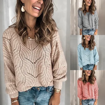 

Ladies New Knitwear Solid Color Mohair Pullover Hollow Sweater Women Stylish Lantern Sleeve Women Sweaters and Pullovers
