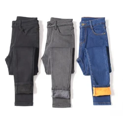 Mulheres avançado estiramento algodão denim calças grossas velo estudante azul preto cinza inverno quente plus size calças de brim magro