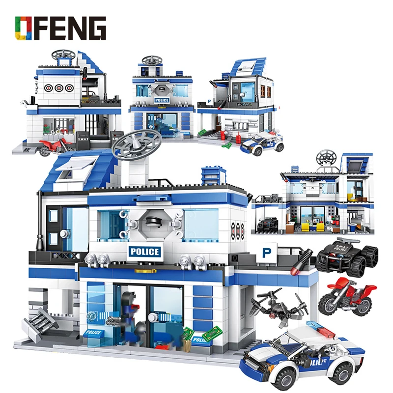 

City Police Station 4 IN 1 Building Blocks Military SWAT WW2 Helicopter Car Team Educational Kits Bricks Toys for Kids Boy Gifts