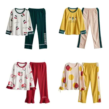 

Women Cotton Long Sleeve Pajamas Set Color Block Cartoon Fruit Printed Sleepwear Ribbed Knit Stripes Loungewear M-2XL