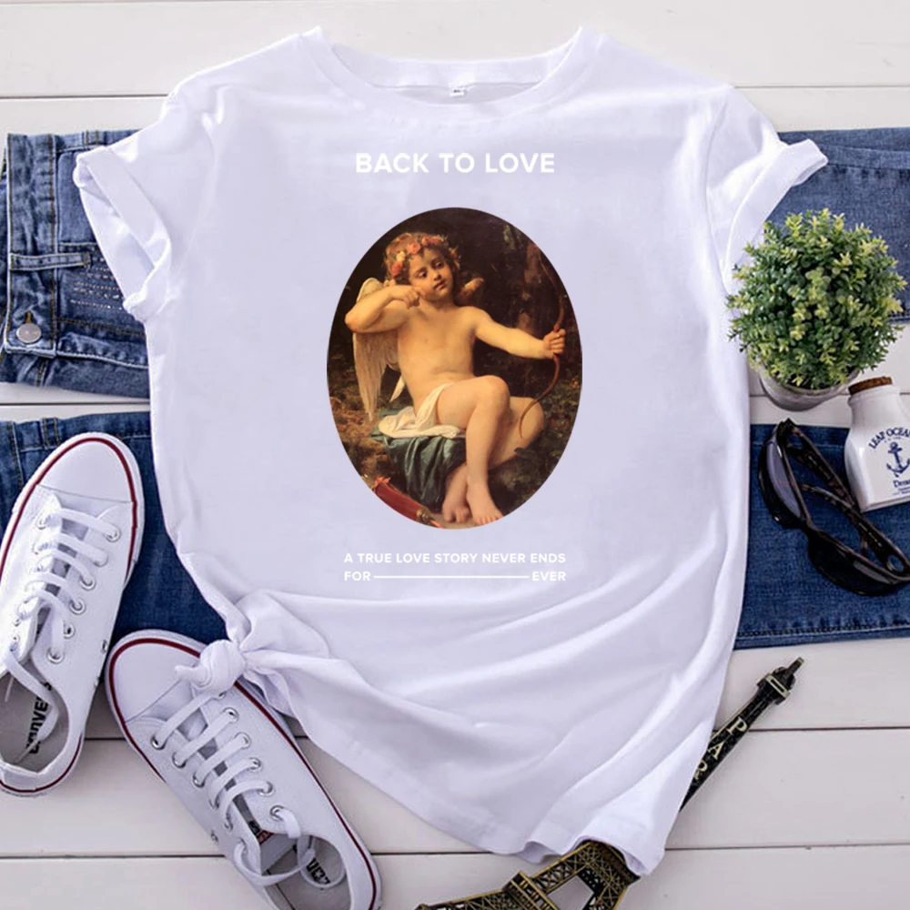 Eros Little Angel Oil Painting Printing Women T Shirts Korean Style Solid Color Short Sleeve Vintage Fashion Tshirts For Woman