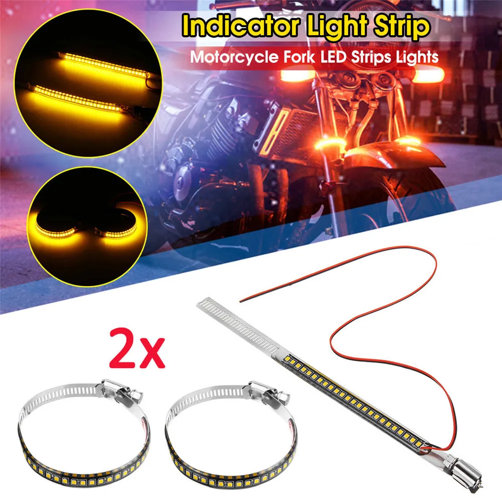 Pair Stainless Steel Clamp 55-75mm Motorcycle Fork Light Amber LED Turn Signal Strip Indicator Light 120 Degree Viewing Angle