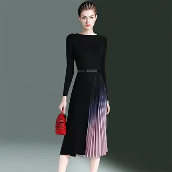 

Aulead Women Fall Winter Elegant Knitted Pleated Midi Dress Female Long Sleeve Knit Spliced Casual Dresses Vestiddos Maxi Dress