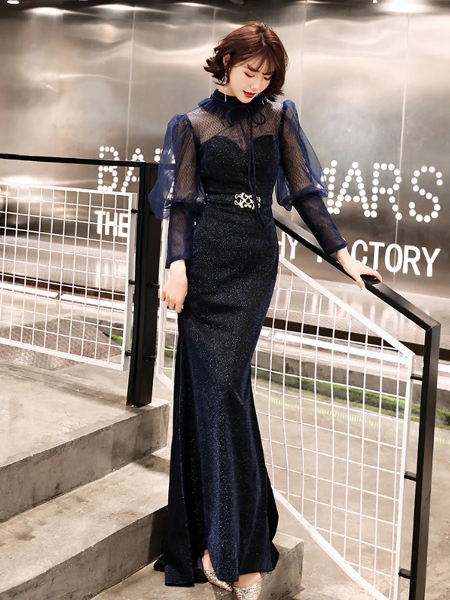 Вечернее платье с высоким воротником и длинным рукавом Robe De Soiree НОВЫЕ шикарные элегантные вечерние платья длина до пола официальное платье F266