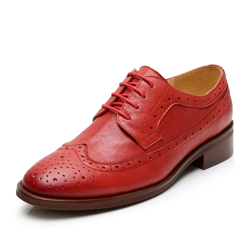 Yinzo/женские туфли-оксфорды из натуральной кожи на плоской подошве; женские кроссовки; женские броги; винтажная повседневная обувь для женщин; цвет синий, красный, кофейный - Цвет: red lace up