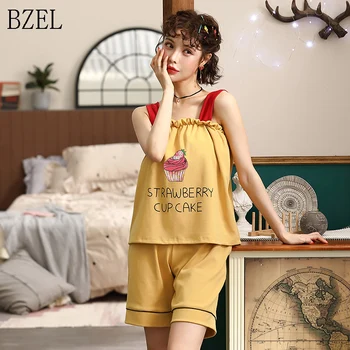 

BEZL Summer Cotton Sleepwear Women Pajamas Female Home Wear For Women Home Suit Clothes Kawai Girl's Two Piece Pyjama Femme
