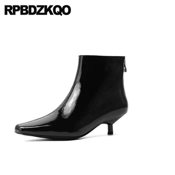 

square toe black 2019 thick fall ladies chunky boots block ankle short booties patent leather luxury brand shoes women high heel