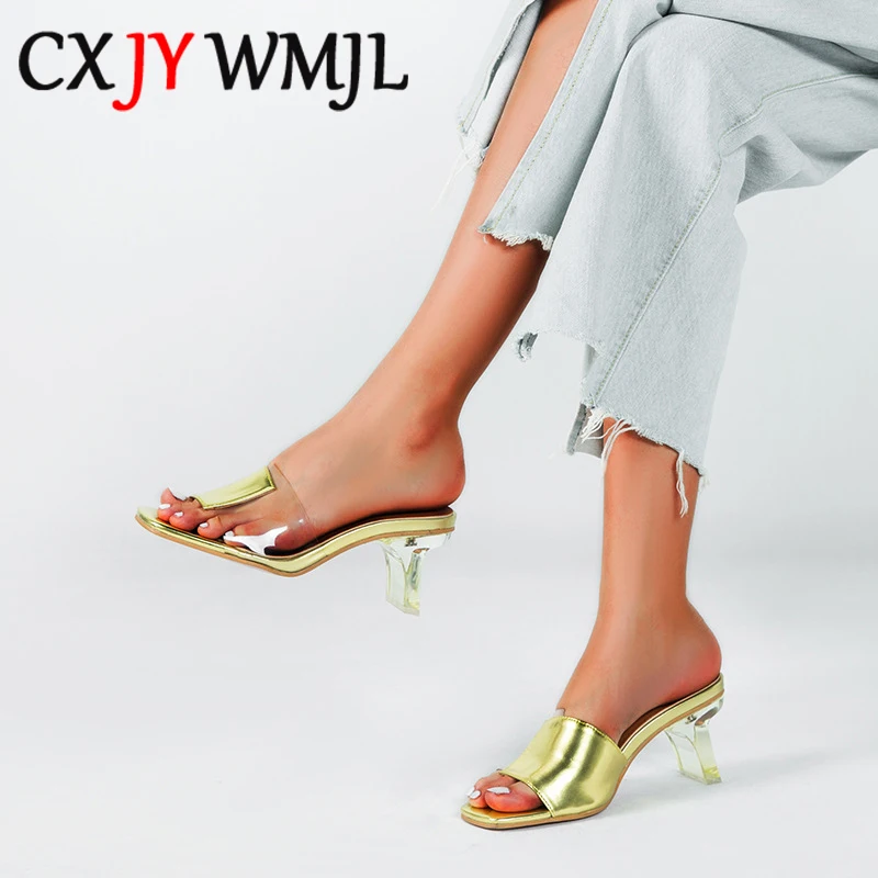 

Summer Women Big Size Transparent High Heel Slippers 2020 New PU Crystal Heel Peep Toe Flip Flop Women's Outdoor Leisure Slipper