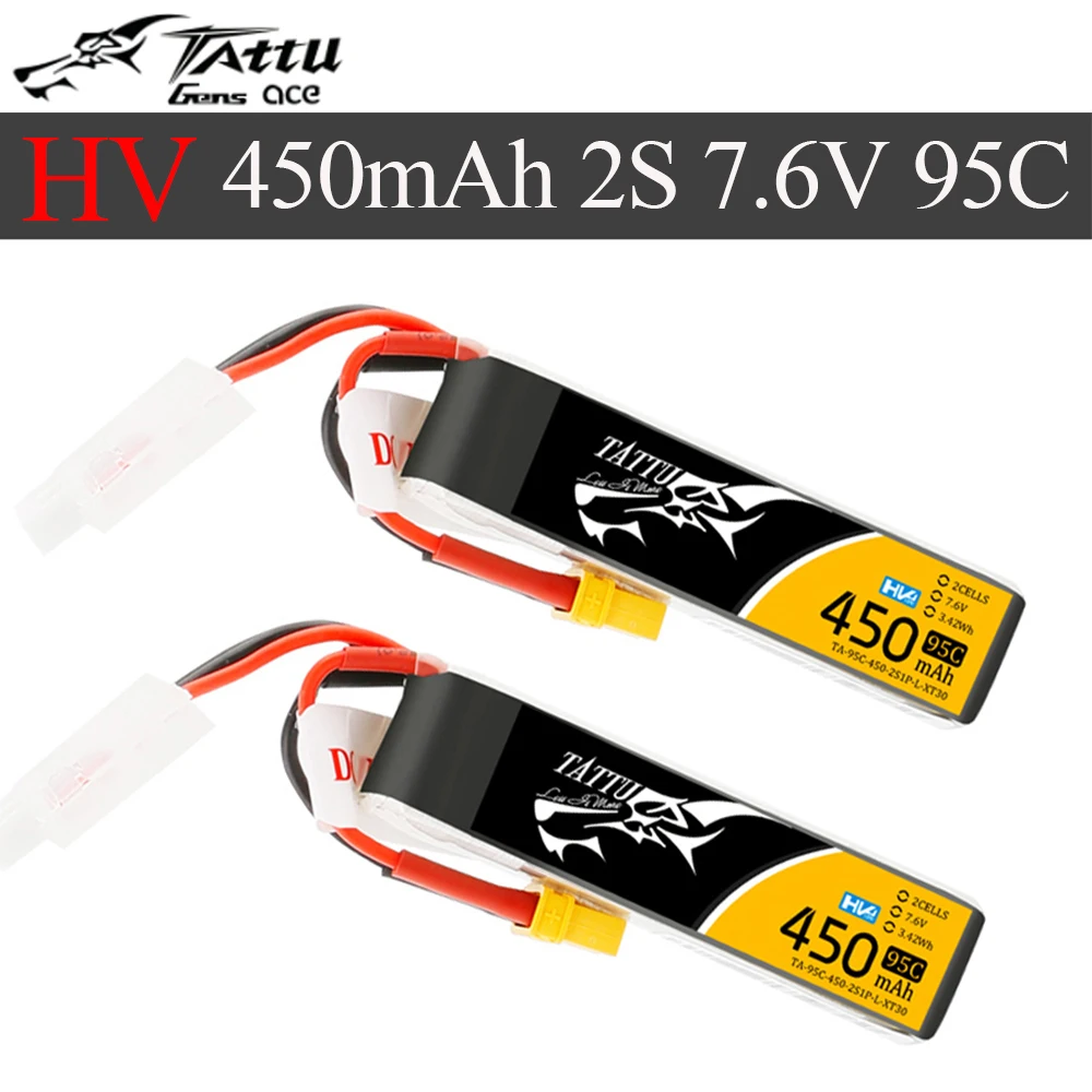 Tattu 450 мАч 7 6 В Высокое напряжение 95C 2S1P Lipo аккумулятор с разъемом XT30 длинная
