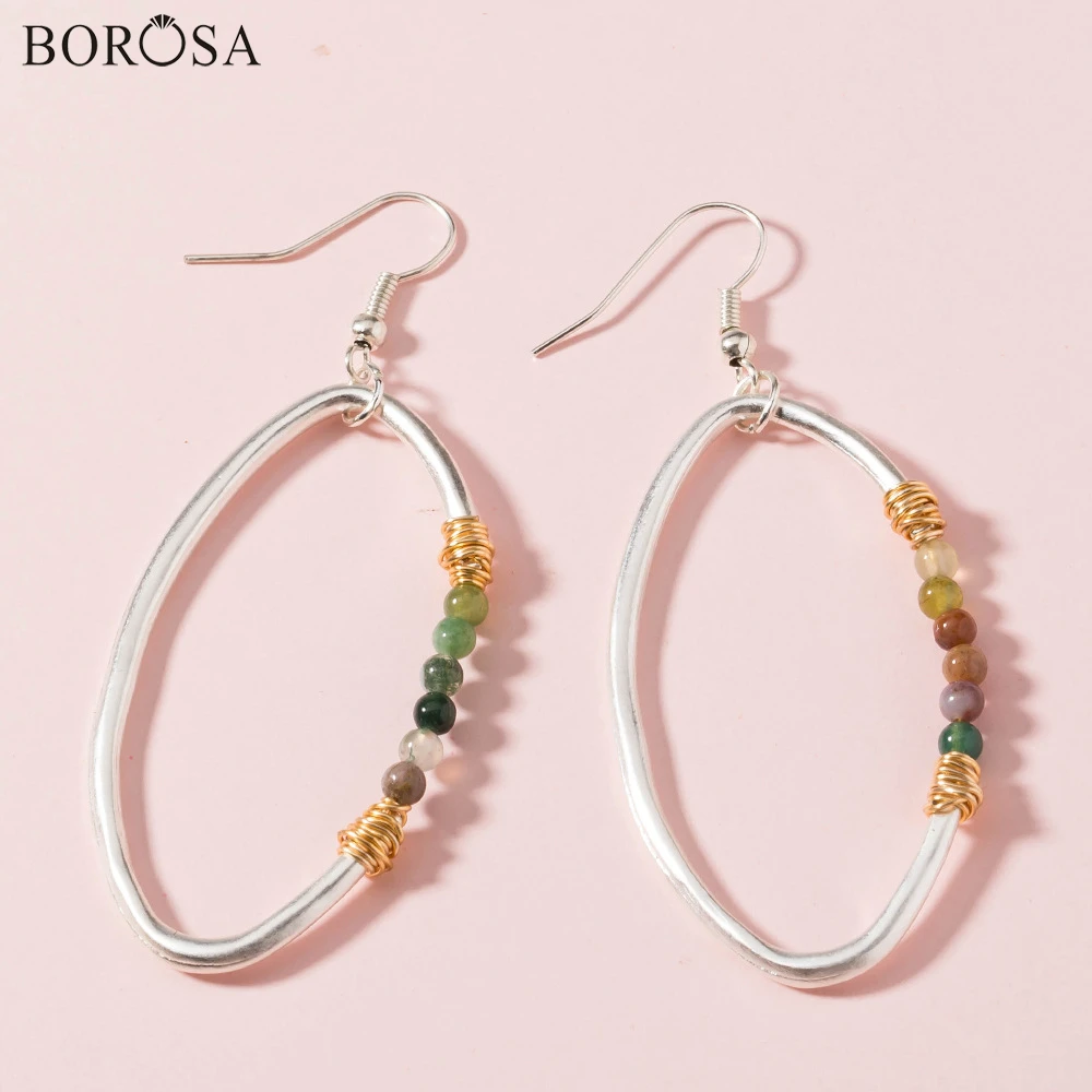 

Silver Plated Natural Gems Stone Earrings Multi kind Natural Stones Drop Earrings for Women Oval Shape Big Hoop Earrings WX1663