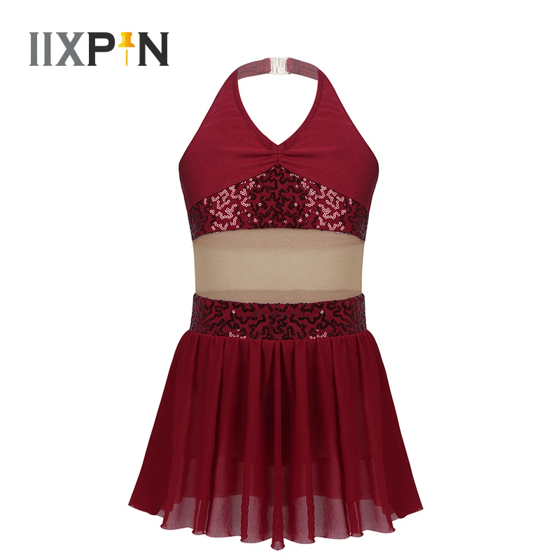 

Girls Ballet Leotard Dress Sleeveless Halter Sequins Stretchy Mesh Splice Lyrical Modern Contemporary Ballroom Dance Costume