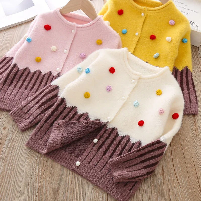 

New Spring Summe 2019 Girls Knit Cardigan Sweater Casual Ice Cream Coat Female Kids Knitted Jacket with Ball Elegant Outerwear