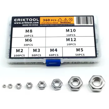 

360pcs M2 M3 M4 M5 M6 M8 M10 M12 Hex Nuts Set Stainless Steel Hexagon Nut Assortment Kit for Screw Bolt