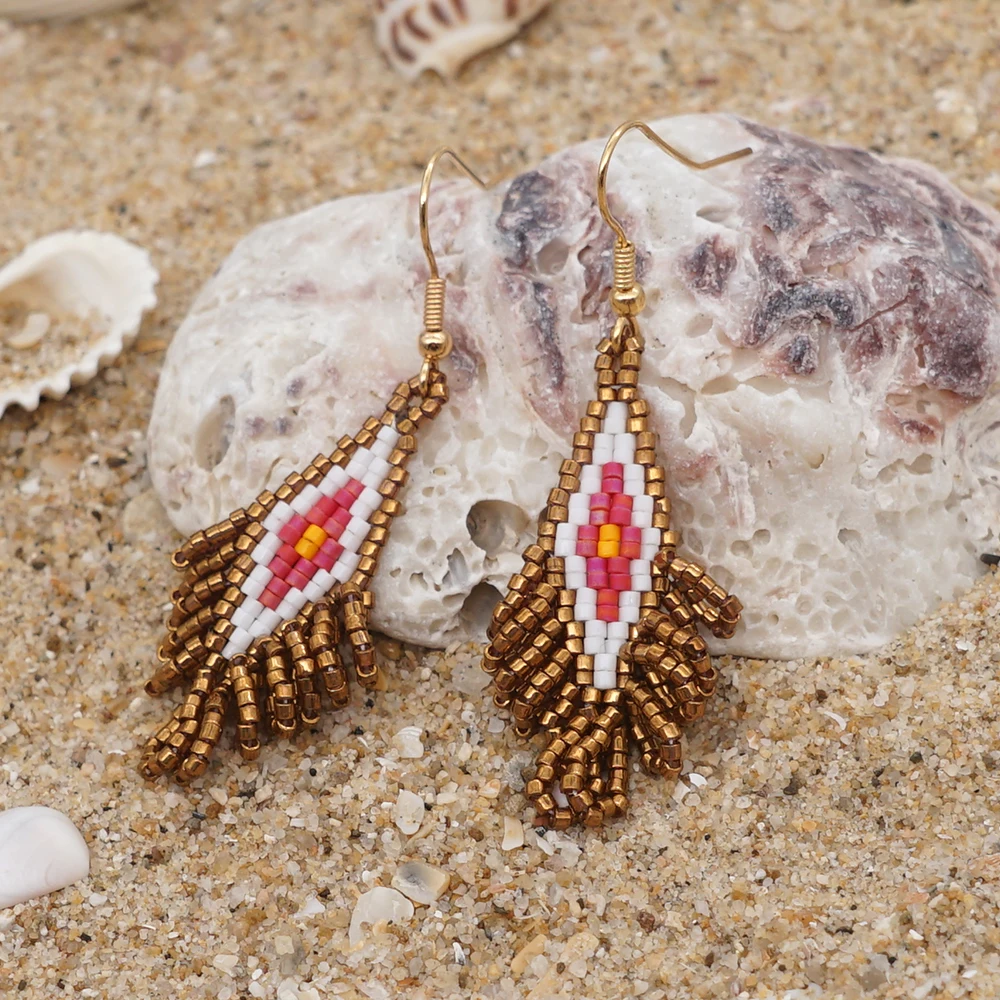 Gold bead Handmade Beaded Earrings Fringe Dangling Earrings Seed bead  earrings