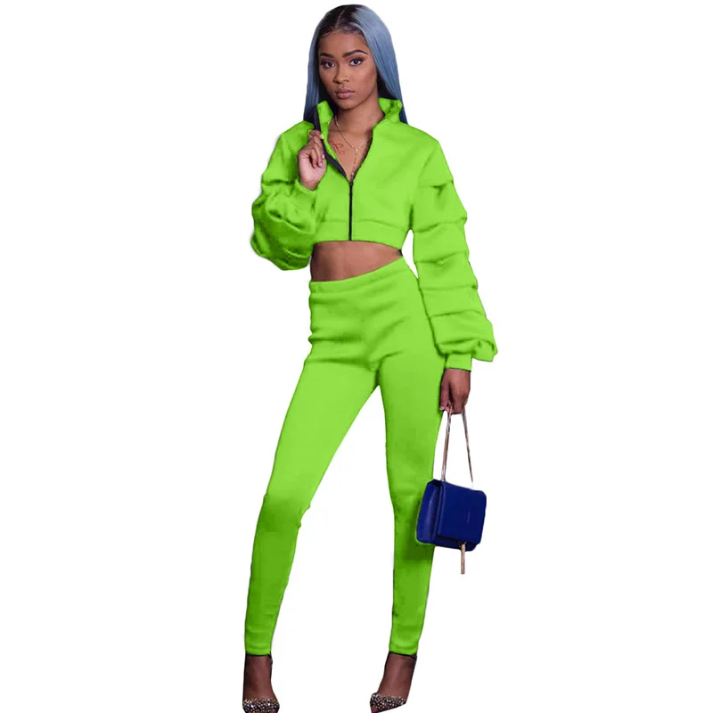 Streetwear Sexy Ruffle Long Sleeve Jacket Crop Top and Pants Two Piece Set Female Fall Winter Neon Matching Track Suit Outfits |