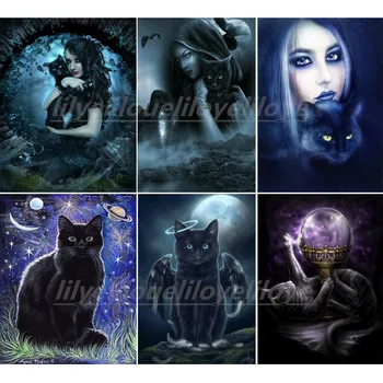 

5D DIY Diamond Embroidery Black Cat girl Diamond Painting Animals Picture Mosaic Full Square Cross-Stitch Kits Home Decor FG1354
