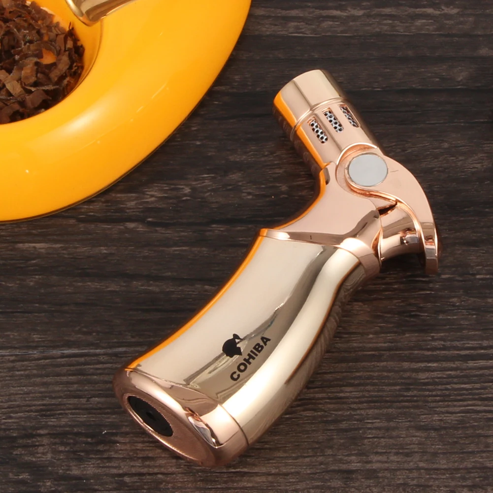 

COHIBA Men Gun Style Cigar Lighter Table 4 Jet Torch Lighters Portable Travel Luxury Fire Starter
