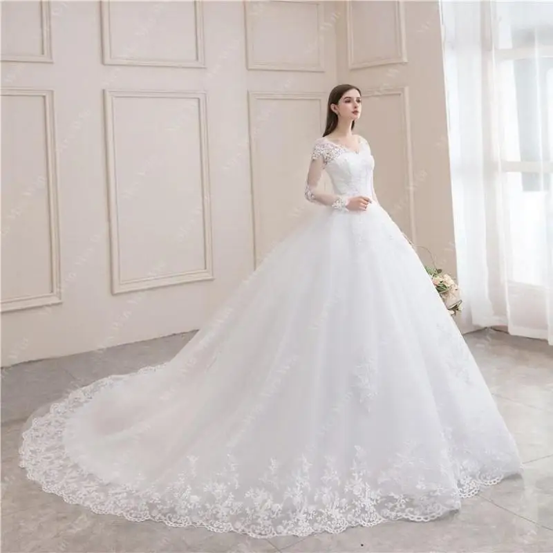 Wedding Dress 2021 New Luxury Full Sleeve Sexy V neck Bride Dress...