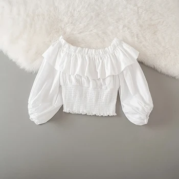 

Cthink Good Quality Summer Slash Neck Cotton White Blouse Women Lantern Sleeve Short Crop Top Blusas Stylish Womens Blouses