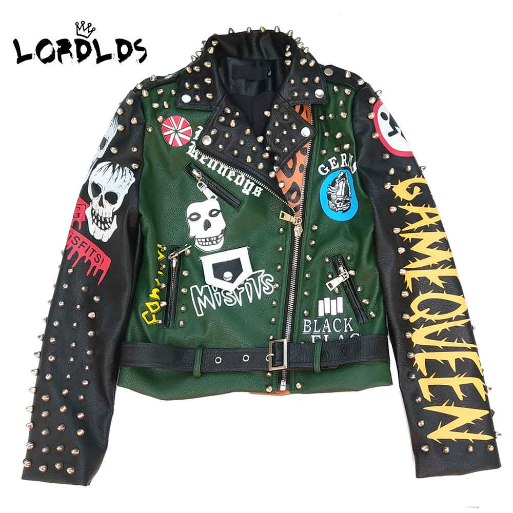 

LORDLDS Women Green Leather Jacket with Skull 2019 Autumn Fashion Punk Style Biker Motorcyle Jackets and Coats Streetwear