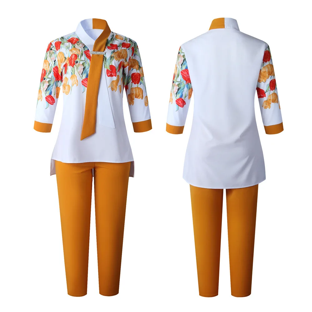2 Piece Outfits for Women Pants and Top Flannel Print Long T-shirt with Elastic Fashion African Ladies' Suit Plus Size Set |