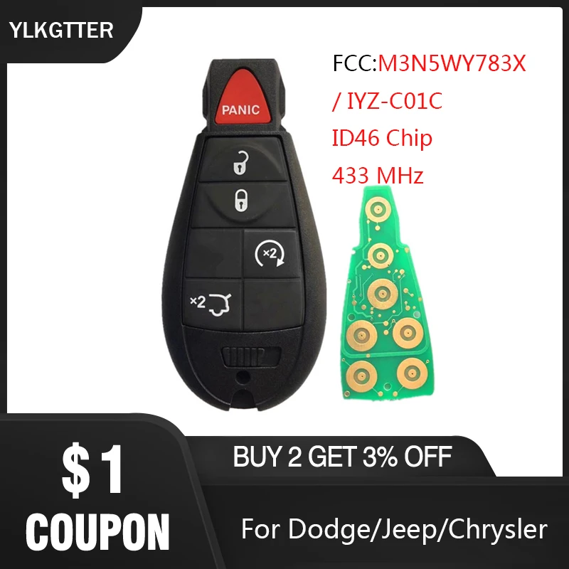 

YLKGTTER 433Mhz Remote Car key For Jeep Grand Cherokee 2008 2009 2010 2011 2012 2013 M3N5WY783X IYZ-C01C ID46 Chip Smart key Fob
