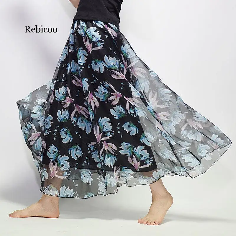 

Elegant Summer Women Long Skirt Chiffon Saia Beach Bohemian Maxi Skirts High Waist Tutu Casual Vestidos Harajuku Print