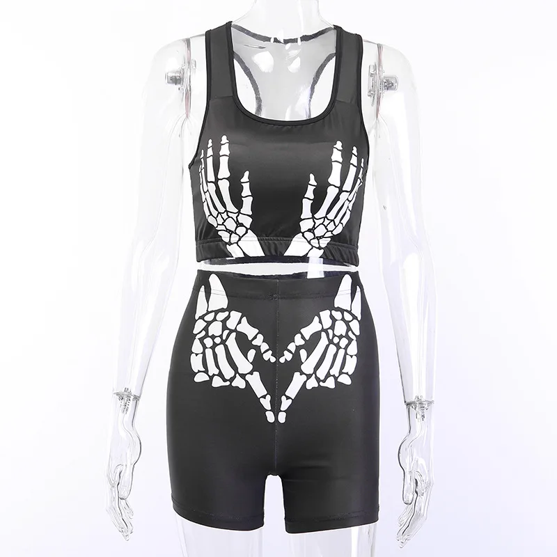 Summer New Sexy Women Letter Print Set Female Sleeveless Beauty Vest + Show Hip Tights Dark Sports Clothes Sets