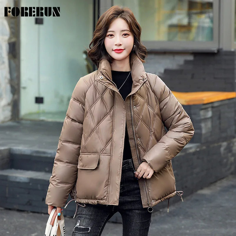 

FORERUN Winter Women Oversized Bubble Coat Solid Short Stand Collar Korean Fashion Simple Puffer Jacket Parka Sales