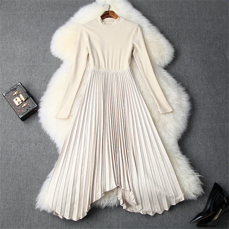 Высокое качество, осенне-зимние платья для женщин, новинка, дизайнерская Короткая Меховая куртка+ асимметричное плиссированное платье средней длины с длинным рукавом, 2 шт