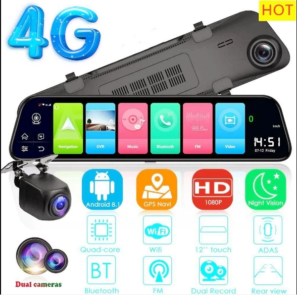 

12 Inch Android 8.1 Adas Dash Cam Car Dvrs Camera Gps Navi Bluetooth Fhd Video Recorder 4G Wifi Dvr Mirror