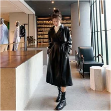 Temperament Spring Black Oversized Long Waterproof Leather Trench Coat For Women Long Sleeve Loose Korean Party Fashion Clothing