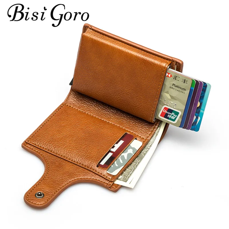 

BISI GORO Anti-theft Card Holder 2019 Wallet Metal Holder Smart Slim RFID Ladies Pop Up Card Case Unisex Vintage Solid Money Bag