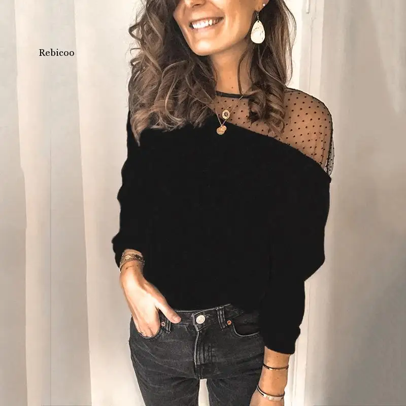 

Casual Mesh See Through Polka Dot Loose Blouse Women Large Size Winter Spring Long Sleeve Black Shirt Office Lady Top Clothes