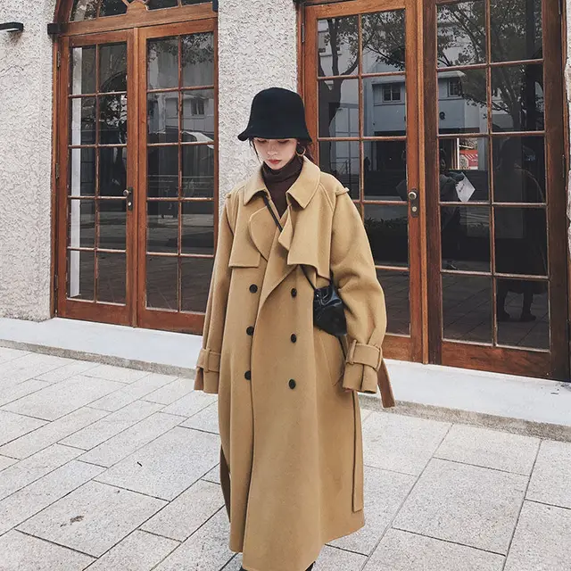 Women Autumn Winter Double Breasted Long Wool Coat Ladies Long Sleeve Notched Collar Overcoat Parka Jacket Vintage