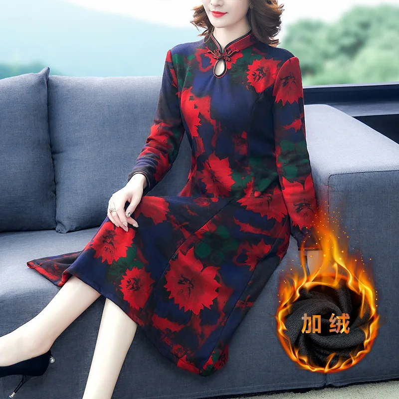 

Plus Velvet Warm Chinese Style Retro Middle-aged Women Dress Women's 2019 Autumn And Winter New Style Chinese-style Improved Che