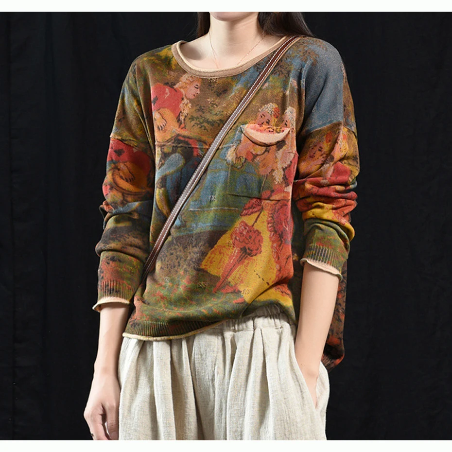 

Women Sweater Pullover Tops Knit Outwear for Spring Autumn Big Loose Oversized Retro Vintage Print Casual AZ15203517
