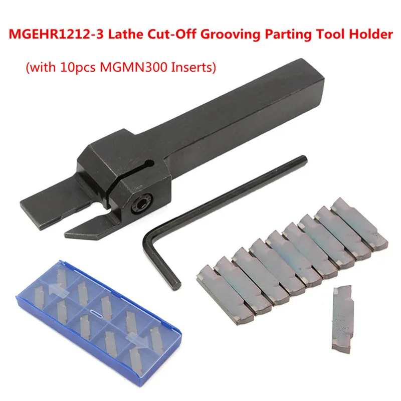 

10pcs MGMN300 Inserts + MGEHR1212-3 Lathe Cut-Off Grooving Parting Tool Holder Wrench Turning Tool Set Wood Metalworking Kit