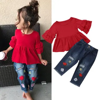 

2018 Fashion Summer Casual Clothes Sets 1-6Y Toddler Baby Girls Petal Sleeve Red T-Shirts Tops Floral Print Blue Hole Pants