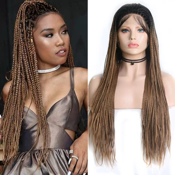 

Charisma Long Braided Wig Ombre Brown Synthetic Lace Front Wig with Baby Hair Box Braids Braided Wigs for Women Free Part