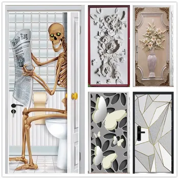 

Creative Skeleton Door Stickers Embossed Flower Pattern PVC Self-adhesive Wallpaper Home Decor Murals Refrigerator Art Posters