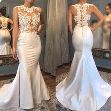 2020 Elegant Satin Mermaid Evening Dresses Pleats Lace Appliques See Through Sweep Train Prom Party Gowns vestidos de noivas Special Occasion Dresses 2020 Elegant Satin Mermaid Evening Dresses Pleats Lace Appliques See Through Sweep Train Prom Party Gowns vestidos de noivas Special Occasion Dresses