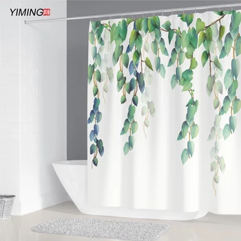 

200x180cm bathroom waterproof shower curtain simple green leaf flower printing polyester home decoration curtain with hook