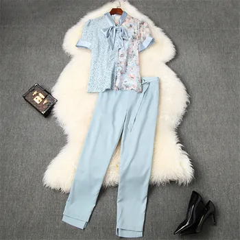 

New Fashion Designers Summer Outfits for Women 2020 Elegant Lady Office Two Piece Set Bow Collar Print Blouse and Pants Suit Set