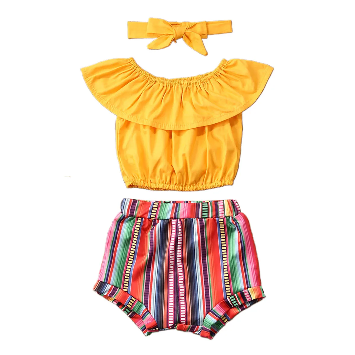 2020 Toddler Kid Infant Baby Girl Clothes Set Summer Sleeveless Yellow Ruffle Top Striped Shorts