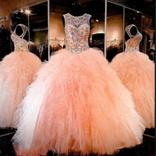 Превосходное розовое Тюлевое платье с кристаллами и бисером, Vestidos De 15, бальное платье с глубоким вырезом на спине, на шнуровке, многослойное Пышное Платье